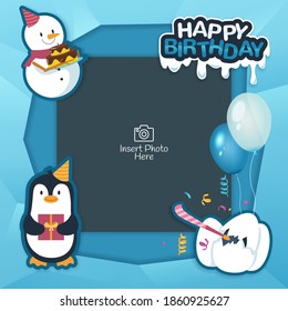 Happy birthday background frame with penguin and snowman character