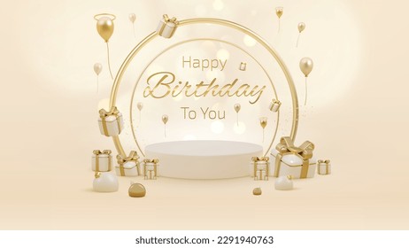 Happy birthday background and gift box and realistic balloons ornament with ribbon.