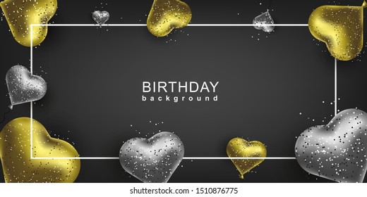 Happy Birthday Background. Gold and silver balloons heart shape and sparkles. Vector invitation banner.