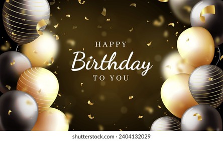 Happy birthday background with golden black balloons vector design in eps 10