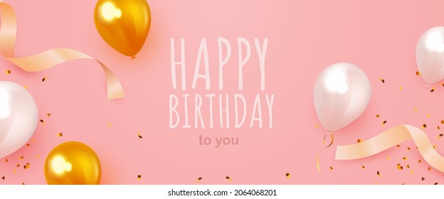 Happy birthday background with golden and white air balloons. Holiday design for greeting card, party poster, banner template. Vector illustration