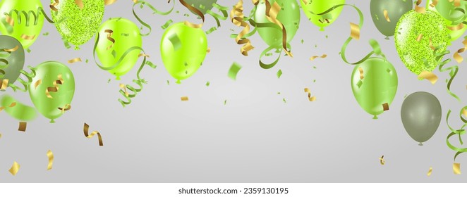 Happy Birthday background with green balloons, confetti and ribbons. Vector illustration.