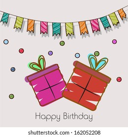 Happy Birthday background, greeting card or invitation card with colorful gift boxes on decorated vintage background. 