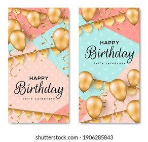 Happy Birthday background. Greeting card, poster set template, party invitation layout. Vector Illustration. Golden foil confetti, 3d realistic glitter gold balloons and buntings.