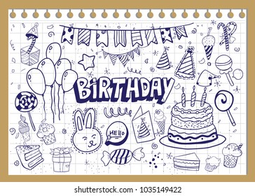 Happy Birthday background. Hand-drawn Birthday sets, party blowouts, party hats, gift boxes and bows, garlands and balloons and firework, candles on birthday pie.