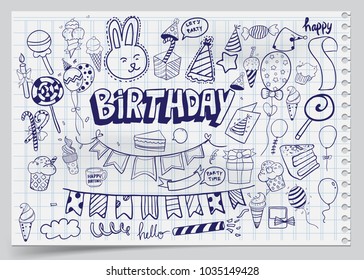 Felices antecedentes de cumpleaños. Conjuntos de cumpleaños dibujados a mano, explosiones de fiesta, sombreros de fiesta, cajas de regalo y arcos, guirnaldas y globos y fuegos artificiales, velas en pastel de cumpleaños.