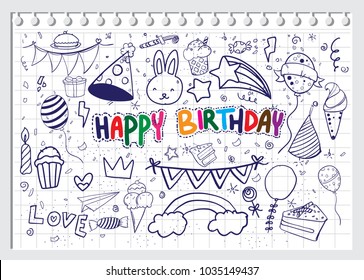 Happy Birthday background. Hand-drawn Birthday sets, party blowouts, party hats, gift boxes and bows, garlands and balloons and firework, candles on birthday pie.