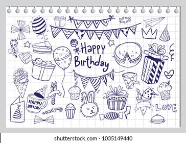 Happy Birthday background. Hand-drawn Birthday sets, party blowouts, party hats, gift boxes and bows, garlands and balloons and firework, candles on birthday pie.