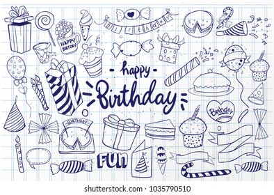 Happy Birthday background. Hand-drawn Birthday sets, party blowouts, party hats, gift boxes and bows, garlands and balloons and firework, candles on birthday pie.