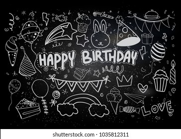 Happy Birthday background. Hand-drawn Birthday sets, party blowouts, party hats, gift boxes and bows. vector illustration chalk texture isolated on black background