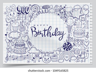 Happy Birthday background. Hand-drawn Birthday sets, party blowouts, party hats, gift boxes and bows, garlands and balloons and firework, candles on birthday pie.