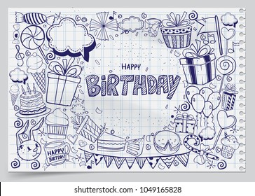 Happy Birthday background. Hand-drawn Birthday sets, party blowouts, party hats, gift boxes and bows, garlands and balloons and firework, candles on birthday pie.