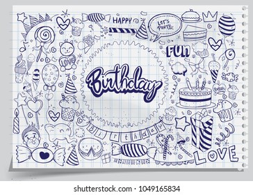 Happy Birthday background. Hand-drawn Birthday sets, party blowouts, party hats, gift boxes and bows, garlands and balloons and firework, candles on birthday pie.