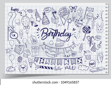Happy Birthday background. Hand-drawn Birthday sets, party blowouts, party hats, gift boxes and bows, garlands and balloons and firework, candles on birthday pie.