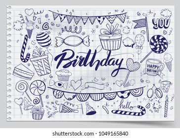 Happy Birthday background. Hand-drawn Birthday sets, party blowouts, party hats, gift boxes and bows, garlands and balloons and firework, candles on birthday pie.