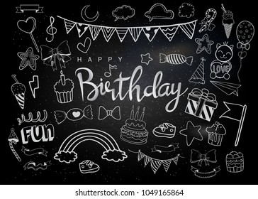 Happy Birthday background. Hand-drawn Birthday sets, party blowouts, party hats, gift boxes and bows. vector illustration chalk texture isolated on black background