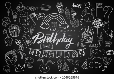 Happy Birthday background. Hand-drawn Birthday sets, party blowouts, party hats, gift boxes and bows. vector illustration chalk texture isolated on black background