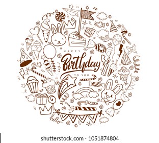 Happy Birthday background. Hand-drawn Birthday sets, party blowouts, party hats, confetti, gift boxes and bows, garlands and balloons and firework, candles on birthday pie.