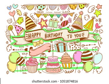 Happy Birthday background. Hand-drawn Birthday sets, party blowouts, party hats, confetti, gift boxes and bows, garlands and balloons and firework, candles on birthday pie.