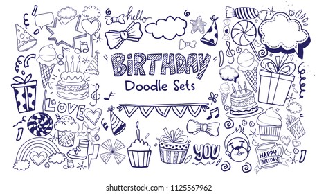 Happy Birthday background. Hand-drawn Birthday sets, party blowouts, party hats, gift boxes and bows, garlands and balloons and firework, candles on birthday pie.