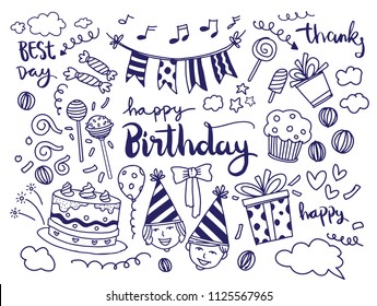Happy Birthday background. Hand-drawn Birthday sets, party blowouts, party hats, gift boxes and bows, garlands and balloons and firework, candles on birthday pie.