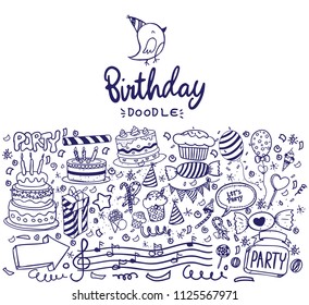 Happy Birthday background. Hand-drawn Birthday sets, party blowouts, party hats, gift boxes and bows, garlands and balloons and firework, candles on birthday pie.