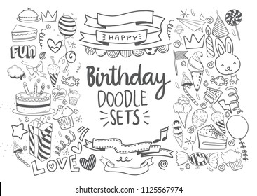 Happy Birthday background. Hand-drawn Birthday sets, party blowouts, party hats, gift boxes and bows, garlands and balloons and firework, candles on birthday pie.