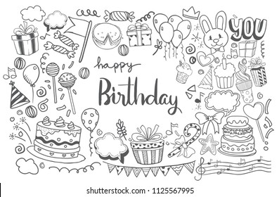 Happy Birthday background. Hand-drawn Birthday sets, party blowouts, party hats, gift boxes and bows, garlands and balloons and firework, candles on birthday pie.