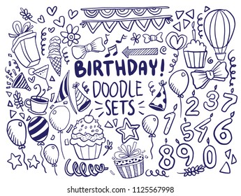 Happy Birthday background. Hand-drawn Birthday sets, party blowouts, party hats, gift boxes and bows, garlands and balloons and firework, candles on birthday pie.