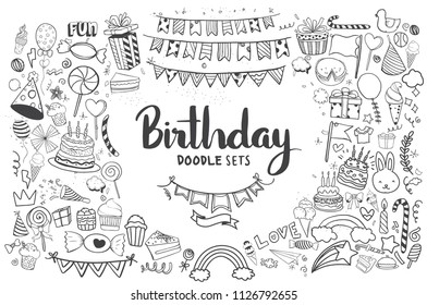 Happy Birthday background. Hand-drawn Birthday sets, party blowouts, party hats, gift boxes and bows, garlands and balloons and firework, candles on birthday pie.
