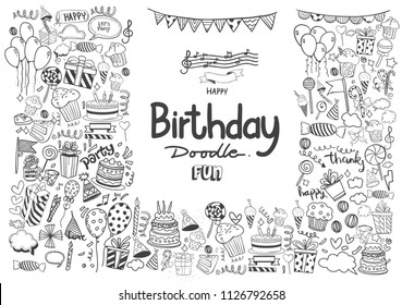 Happy Birthday background. Hand-drawn Birthday sets, party blowouts, party hats, gift boxes and bows, garlands and balloons and firework, candles on birthday pie.