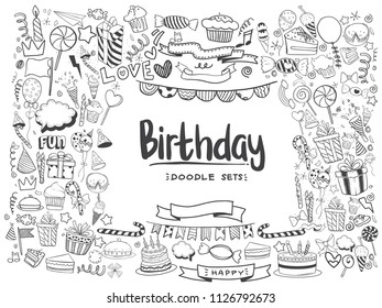 Happy Birthday background. Hand-drawn Birthday sets, party blowouts, party hats, gift boxes and bows, garlands and balloons and firework, candles on birthday pie.