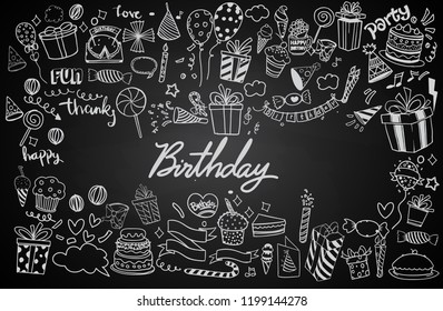 Happy Birthday background. Hand-drawn Birthday sets, party blowouts, party hats, gift boxes and bows. vector illustration chalk texture isolated on black background