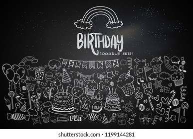 Happy Birthday background. Hand-drawn Birthday sets, party blowouts, party hats, gift boxes and bows. vector illustration chalk texture isolated on black background