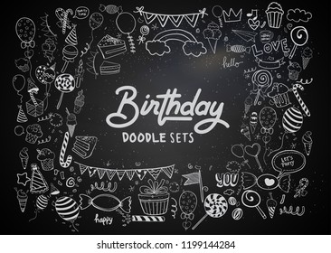 Happy Birthday background. Hand-drawn Birthday sets, party blowouts, party hats, gift boxes and bows. vector illustration chalk texture isolated on black background