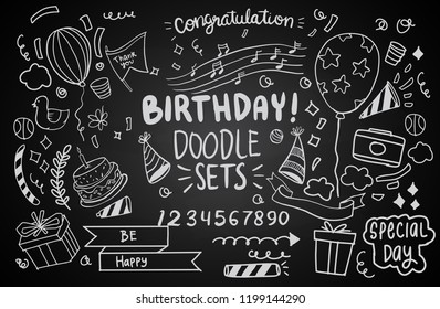 Happy Birthday background. Hand-drawn Birthday sets, party blowouts, party hats, gift boxes and bows. vector illustration chalk texture isolated on black background