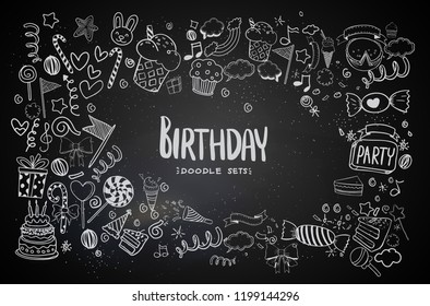 Happy Birthday background. Hand-drawn Birthday sets, party blowouts, party hats, gift boxes and bows. vector illustration chalk texture isolated on black background