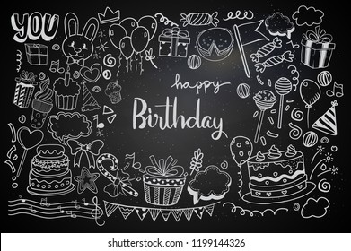 Happy Birthday background. Hand-drawn Birthday sets, party blowouts, party hats, gift boxes and bows. vector illustration chalk texture isolated on black background