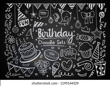 Happy Birthday background. Hand-drawn Birthday sets, party blowouts, party hats, gift boxes and bows. vector illustration chalk texture isolated on black background