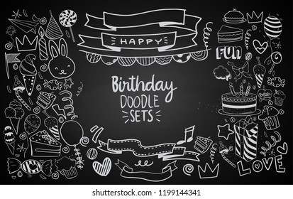 Happy Birthday background. Hand-drawn Birthday sets, party blowouts, party hats, gift boxes and bows. vector illustration chalk texture isolated on black background