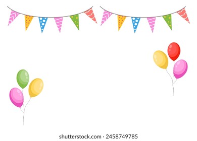 Feliz cumpleaños. Anuncio Festiva con globos y coloridos banderines con guirnalda. Tarjeta de felicitación de la fiesta infantil. Plantilla de póster de Vector de dibujos animados para la celebración de cumpleaños aislado en transparente.