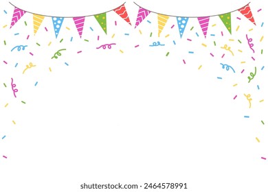 Happy birthday background. Holiday banner with colorful pennants garland and confetti. Kids party greeting card. Cartoon vector poster template for birthday celebration isolated on transparent.