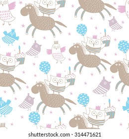 Happy birthday background with horse, owls and little birds. Seamless pattern can be used for wallpapers, web page backgrounds, surface textures.