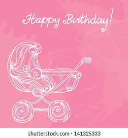 Happy birthday background with icon baby stroller - vector