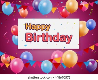 Happy Birthday background with pennants, colorful balloons, and confetti