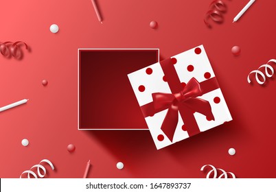 Happy birthday background with present and decoration. Vector concept. Banner, poster, wallpaper, backdrop, advertising display, shopping.