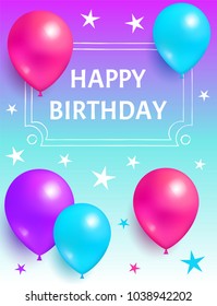Happy birthday background in purple and blue color invitation card with flying inflatable balloons and stars vector poster with birthday party greetings
