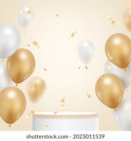 happy birthday background with realistic balloon and golden confetti.