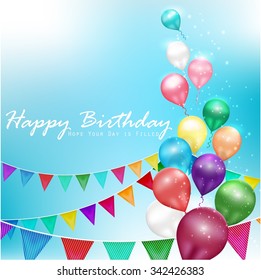Happy Birthday background with realistic Colorful balloons and bunting flag