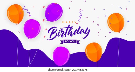 Happy birthday background with realistic orange and purple air balloon on white background with text and glitter confetti